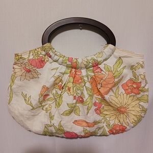 Ann Taylor LOFT Floral Cloth Clutch Yellow Cream Pink Handbag Purse Wood Handles